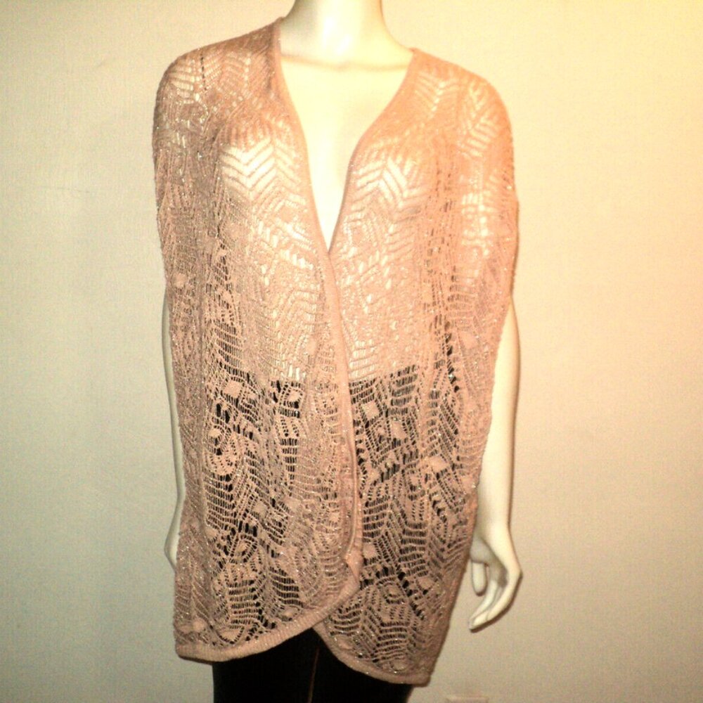 Travelers Collection Chico's Knit Long Vest Pink, Silver Metallic S/M Runs Large